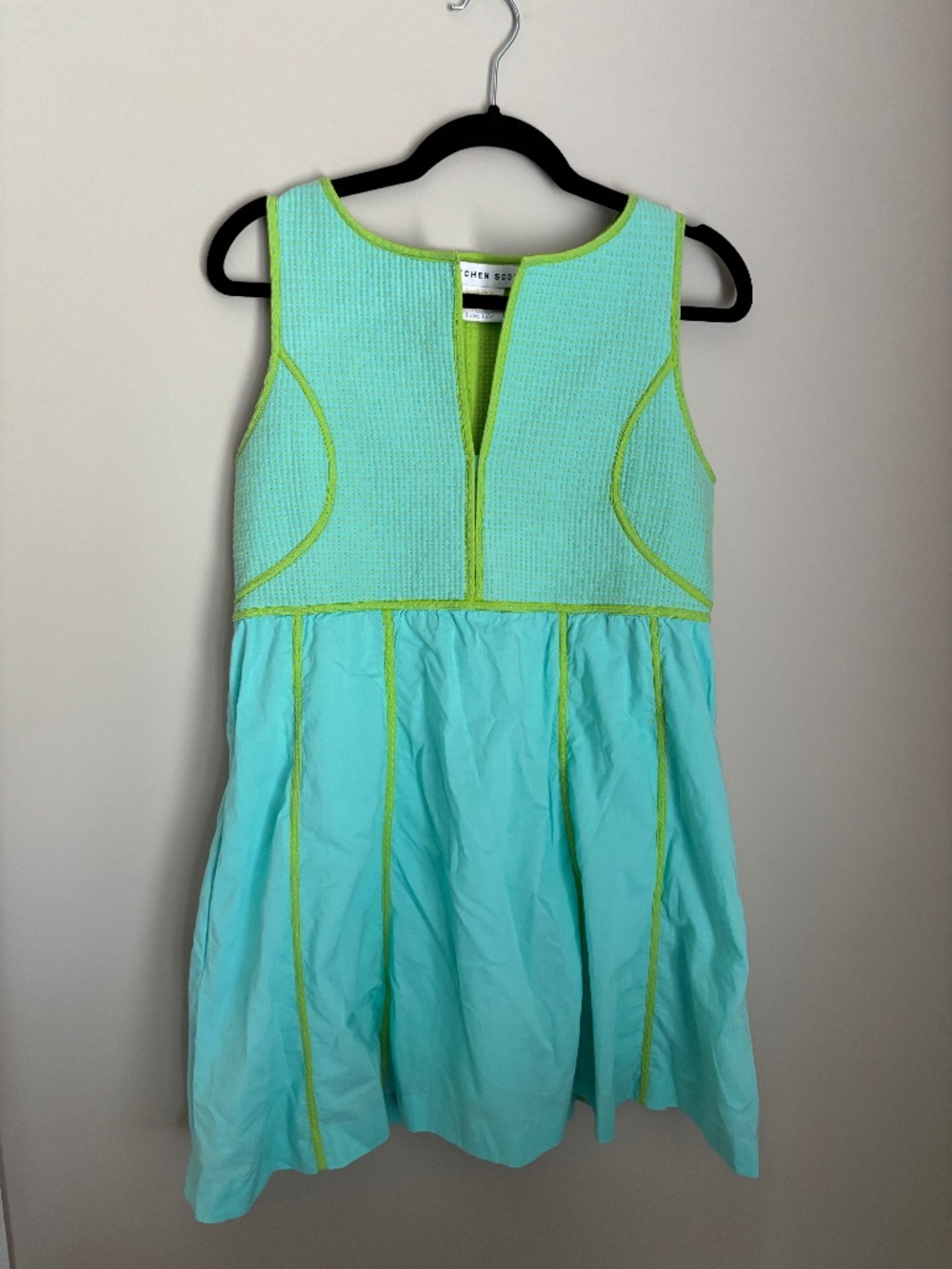 Gretchen Scott Sleeveless Dress Aqua Lime Green Seersucker Size Small Resort